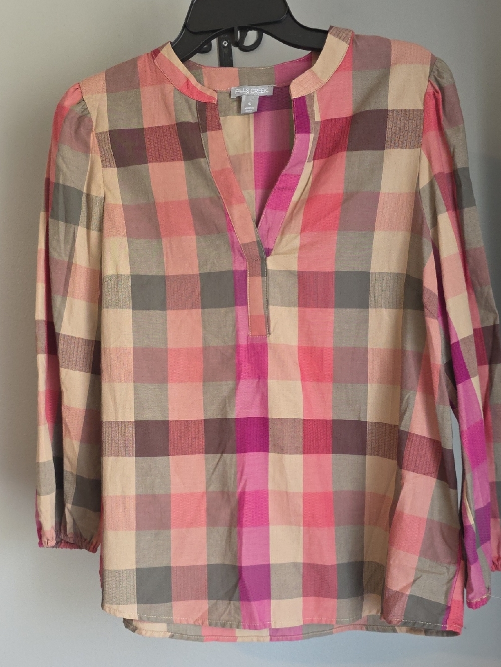 Pink Checkered Plaid Split-V Top Size Small 100% Cotton NWOT